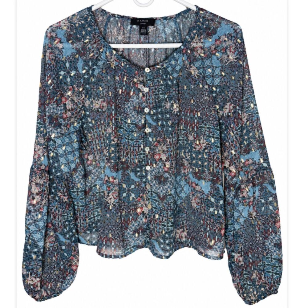 Haver London Blue Floral Metallic Gold Blouse L Boho Balloon Sleeve